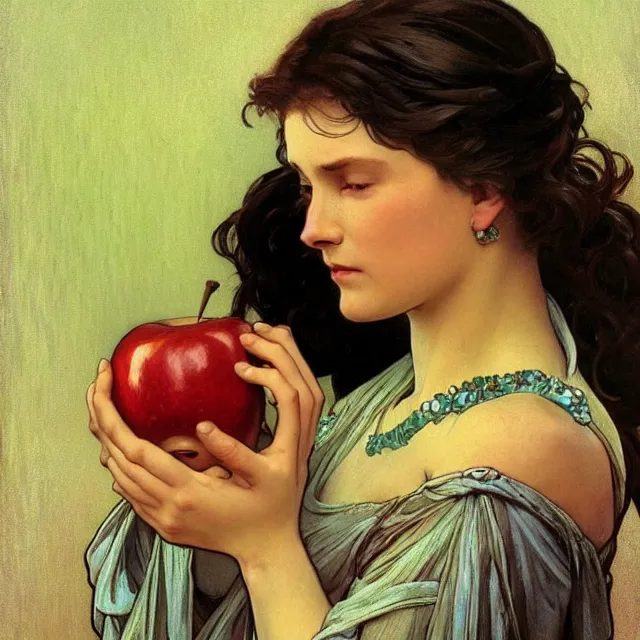 Image similar to an aesthetic! detailed close - up portrait of an aesthetic woman crying mournfully while holding an apple, by frank frazetta and alphonse mucha, oil on canvas, bright colors, art nouveau, epic composition, dungeons and dragons fantasy art, hd, god - rays, ray - tracing, crisp contour - lines, huhd - 8 k