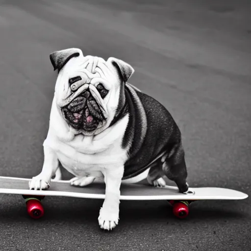 Image similar to morbidly obese dog riding a skateboard, photograph, 4 k