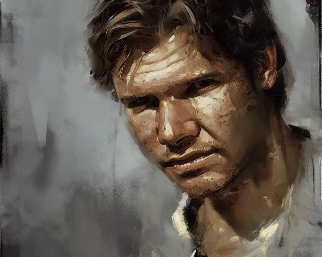 Image similar to portrait of young han solo young harrison ford in shades of grey but with brown by jeremy mann