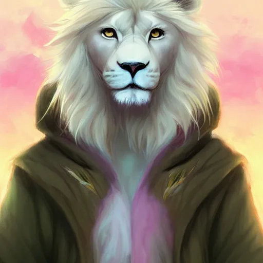 Prompt: aesthetic portrait commission of a albino male furry anthro lion surrounded by soft pastel rainbows while wearing a soft wizard outfit, winter Atmosphere. Character design by charlie bowater, ross tran, artgerm, and makoto shinkai, detailed, inked, western comic book art, 2021 award winning painting