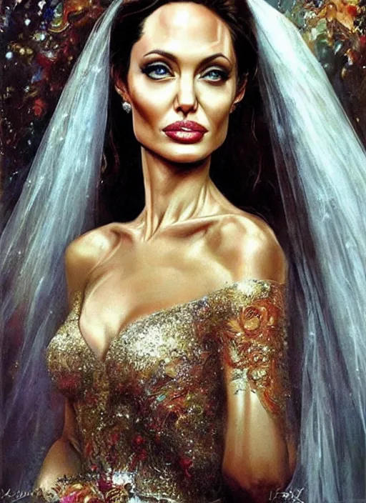 Image similar to Angelina Jolie as a bride at her wedding, wedding portrait art by Karol Bak