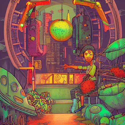 Image similar to a fruit. cyberpunk steampunk solarpunk in the style of a childrenbook illustration. maximalist mixed media. matte background in natural tones. hd