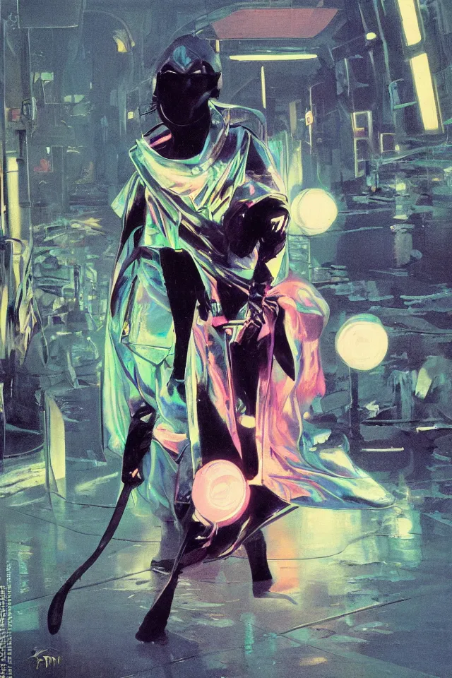 Prompt: concept art, ninja rocker in a tunic made of iridiscent fabric, radio goggles, iridiscent, cinematic lighting at night, iridiscent light, wet floors, neon, indoor, japanese villa syd mead, tim walker, masterpiece, fashion design