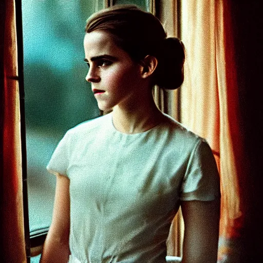 Prompt: Photograph of Emma Watson holding a tobacco pipe by the window. Golden hour, dramatic lighting. Medium shot. CineStill