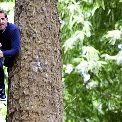 Image similar to close up of steve carrell climbing a giant tree