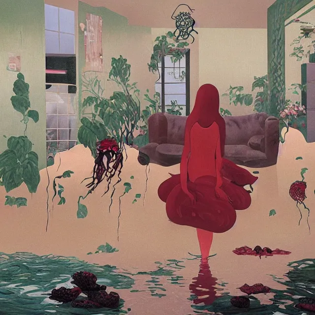 Image similar to tall female emo artist in her flooded apartment, water gushing from ceiling, painting of flood waters inside an artist's home, a river flooding indoors, pomegranates, pigs, ikebana, zen, water, octopus, river, rapids, waterfall, black swans, canoe, berries, acrylic on canvas, surrealist, by magritte and monet