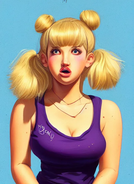 Image similar to full body teenage betty cooper, blonde hair, obese, bangs, ponytail, sultry, realistic, sultry smirk, ponytail, fluffy bangs, curly bangs, fat, belly, beautiful girl, intricate, elegant, highly detailed, digital painting, artstation, concept art, smooth, sharp focus, illustration, art by wlop, mars ravelo and greg rutkowski