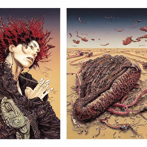 Prompt: painting of a human shedding skin, by yoichi hatakenaka, masamune shirow, josan gonzales and dan mumford, ayami kojima, takato yamamoto, barclay shaw, karol bak, yukito kishiro