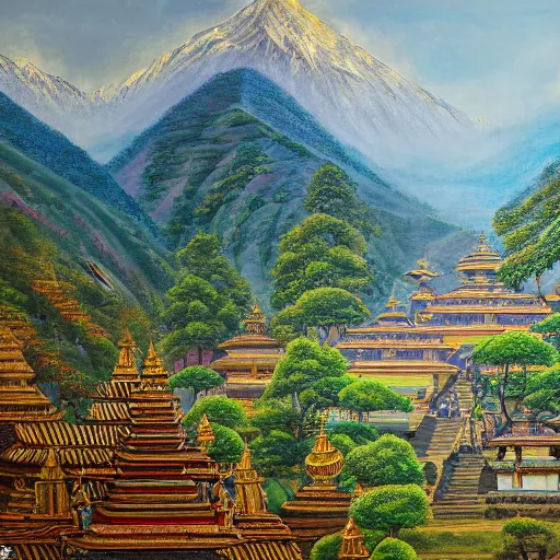 Prompt: a beautiful and highly detailed oil painting of an nepali temple in the kathmandu valley, detailed high buildings and rockets, forgotten valley, swirling mist, lush forests, intricate details, epic scale, insanely complex, 8 k, sharp focus, hyper realism, fantasy landscape, psychedelic, by caspar friedrich,