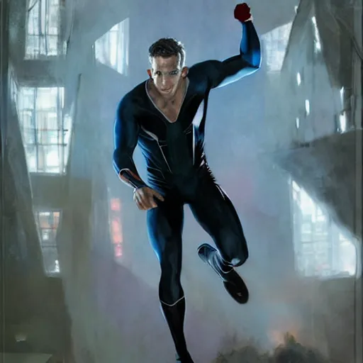 Image similar to ryan reynolds as spider - man, wearing a black and blue suit, cinematic, volumetric lighting, f 8 aperture, cinematic eastman 5 3 8 4 film, photorealistic by greg rutkowski, by stanley artgerm, by alphonse mucha