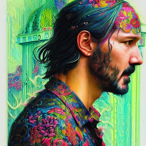 Image similar to portrait of keanu reeves, hyper detailed masterpiece, neon floral pattern, jean giraud, digital art painting, darkwave goth aesthetic, psychedelic, artgerm, donato giancola and tom bagshaw