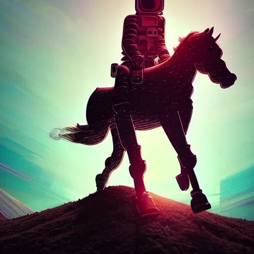 Image similar to digital art of horse situated on top of an human astronaut back. from western by hiroyuki okiura and katsuhiro otomo and alejandro hodorovski style with many details by mike winkelmann and vincent di fate in sci - fi style. volumetric natural light photo on dsmc 3 system,