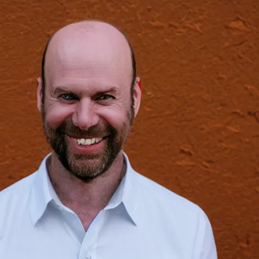 Image similar to color photograph of a balding middle aged brown haired hairy blue eyed round faced short white man dressed in a white shirt, grey pants and black dress shoes smiling at the camera with perfect, straight white teeth