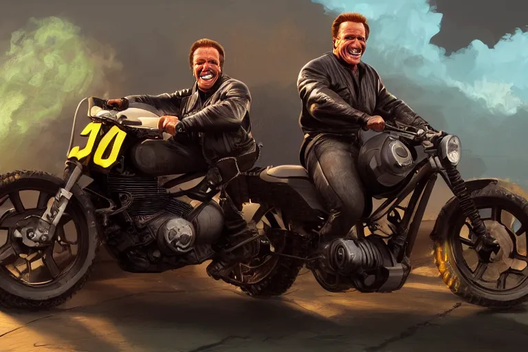 Prompt: Arnold Schwarzenegger grinning maniacally while riding a miniature motorbike, hyperrealistic, concept art, illustration, 8k, cinematic, digital painting, very detailed, volumetric lighting, artstation, unreal engine, vivid colors