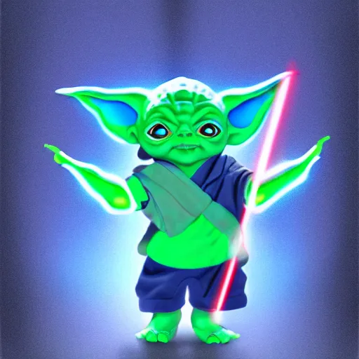 Image similar to baby yoda is injecting steroids to become the ruler of galaxies, digital art, volumetric lighting
