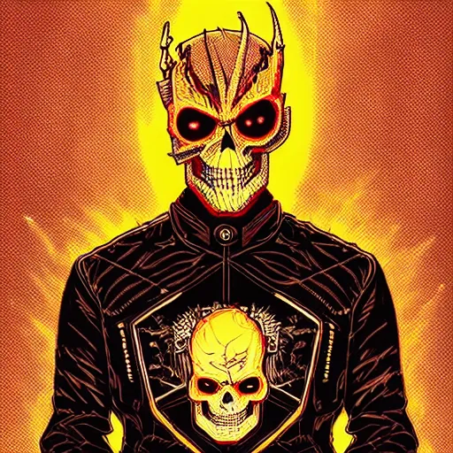 Image similar to an intricate vintage headshot of ghost rider by Dan Mumford