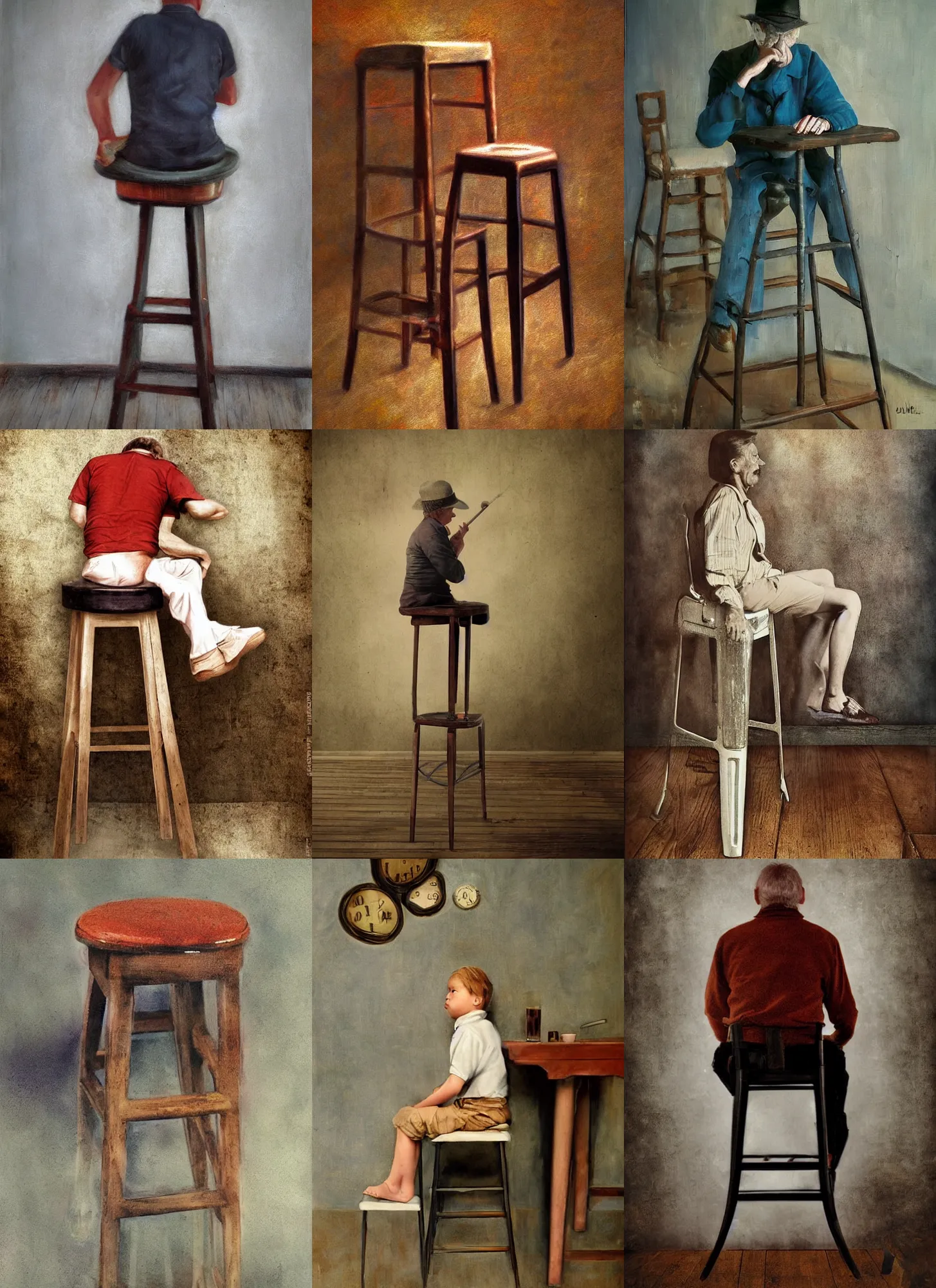 Prompt: i'm on a bar stool the age my father died, realistic, cinematic color, surrealism, by abercrombie gertrude