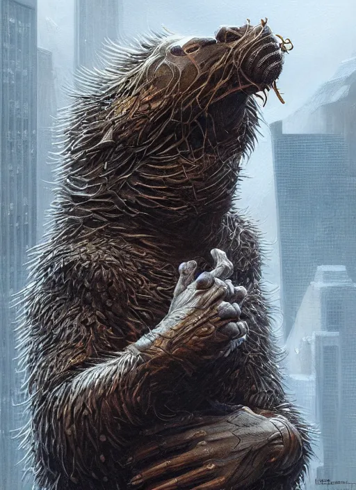 Image similar to cyber beaver downtown cn tower mf doom reptile eyes, wet furry skin. intricate, elegant, highly detailed, centered, digital painting, artstation, concept art, smooth, sharp focus, illustration, artgerm, tomasz alen kopera, peter mohrbacher, donato giancola, joseph christian leyendecker, wlop, frank frazetta