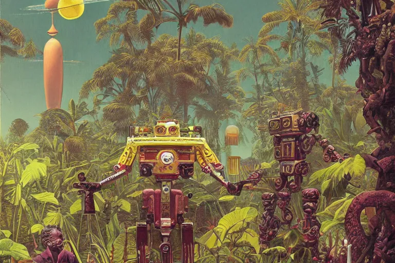 Image similar to evangelionic illustration, gigantic pleasure man head, a lot of exotic vegetation, trees, tremendous pleasure robot, flowers, oldschool vintage sci - fi flat surreal design, super - detailed, oil painting by moebius, hd, 4 k, high quality