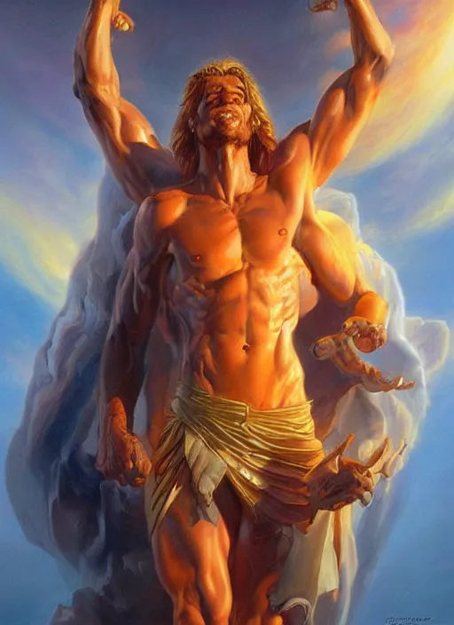 Image similar to a epic portrait of the god of light, art by boris vallejo and greg danton and denys tsiperko, detailed, hyperrealism, artstation