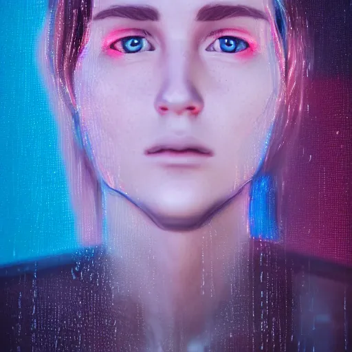 Image similar to a human portrait made out of rain, neon light, beautiful, rendered in octane, unreal engine, comic book art