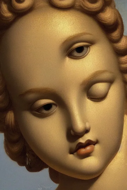 Image similar to Beautiful girl, calm face, closeup, ultra detailed, made in gold, Guido Reni style