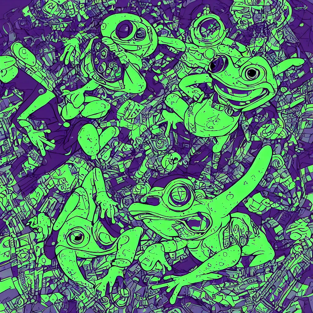 Image similar to toad head, ryuta ueda artwork, breakcore, style of jet set radio, y 2 k, gloom, space, cel - shaded art style, frogs, amphibians, sacred geometry, data, minimal, code, cybernetic, dark, eerie, cyber