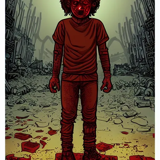 Image similar to a child with bloody red hands standing in ruins by Dan Mumford