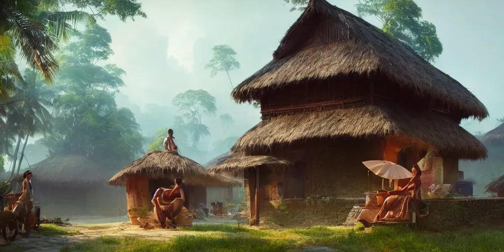 Image similar to kerala village, sharp focus, wide shot, trending on ArtStation, masterpiece, by Greg Rutkowski, by Ross Tran, by Fenghua Zhong, octane, soft render, ultrarealistic, colorful, cinematic