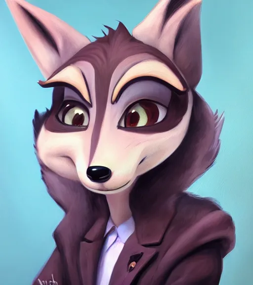 Image similar to oil painting of anthromorphic female wolf, in style of zootopia, zootopia, zootopia, fursona, furry, furaffinity, 4 k, deviantart, furry art, fursona art, wearing black business suit, business suit, in style of zootopia, wolf fursona, cyberpunk, female, expressive detailed feminine face,