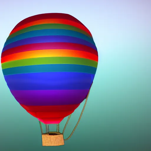 Image similar to A 3D render of a rainbow colored hot air balloon flying above a reflective lake