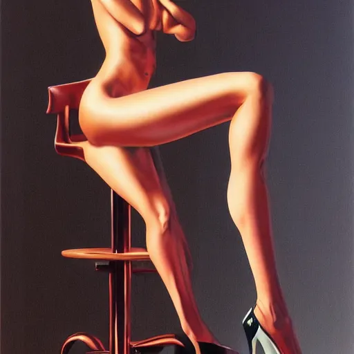 Prompt: artstation a woman seductively posing on a stool, by Hajime Sorayama, very detailed, close up, sideways