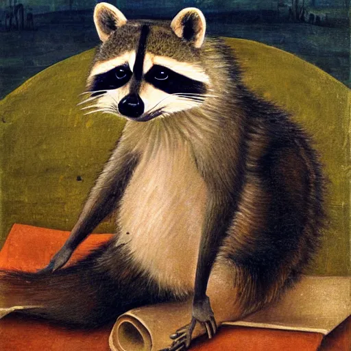 Image similar to a painting of a raccoon doing yoga in renaissance art style