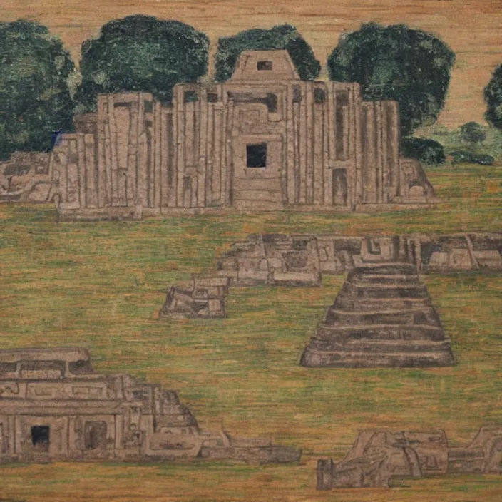 Image similar to a building in a serene landscape, ancient mesoamerican painting