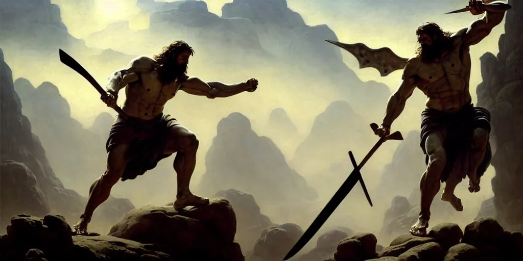 Image similar to realistic painting of biblical Cain with a spear fighting Abel with a scythe, a stone altar with white smoke ascending in the background, masculine and rugged, inspired art by Frazetta + facial symmetry + dramatic volumetric lighting, well lit, 8k octane render, intricate, epic composition, grim yet sparkling atmosphere, cinematic lighting + masterpiece, trending on artstation, very detailed, masterpiece, stunning