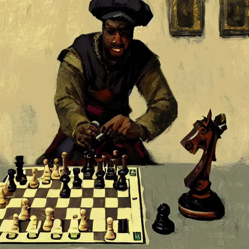 Image similar to portrait of black man wearing medieval clothes playing chess, detailed by greg manchess, craig mullins, bernie fuchs, walter everett