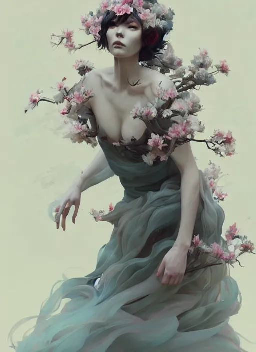 Image similar to character design by james jean, ruan jia, ilya kuvshinov, martine johanna, jakub rebelka ( ( ( portrait of goddess gaea in seductive luxurious flowy flowery dress ) ) ) emerging from lighting and powerful thunder, sharp edges. ultra detailed, majestic, intricate,