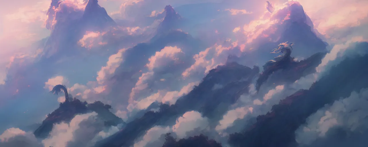 Image similar to a Chinese dragon high above the clouds by makoto shinkai, ethereal melancholy, trending on ArtStation, DeviantArt, Pixiv