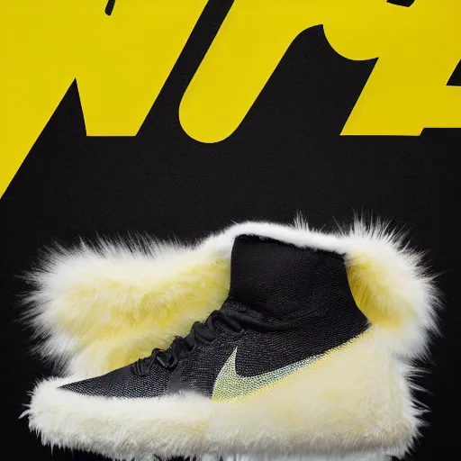 Image similar to poster nike shoe made of very fluffy yellow faux fur placed on reflective surface, professional advertising, overhead lighting, heavy detail, realistic by nate vanhook, mark miner