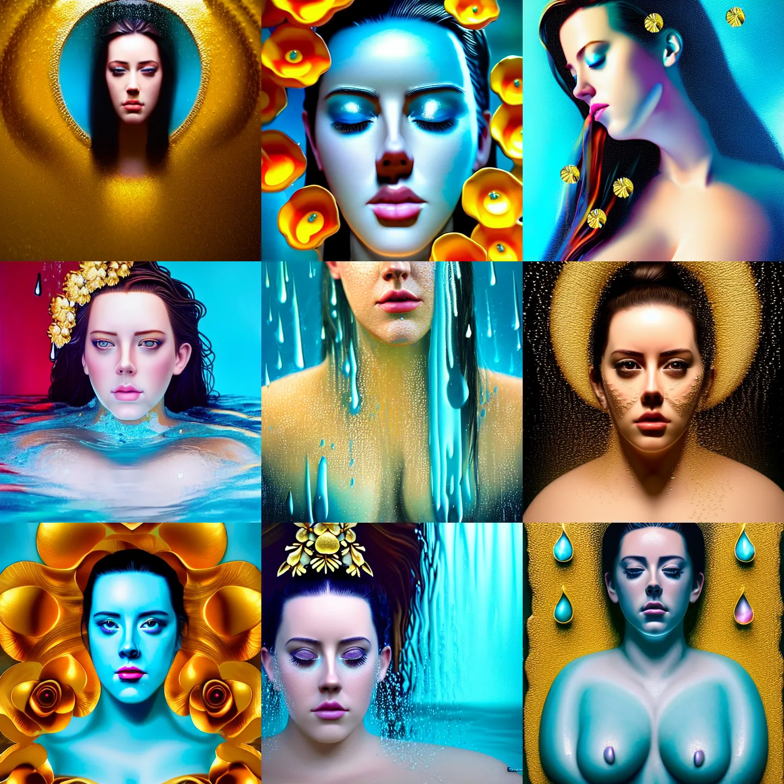 Prompt: hyperrealistic precisionist cinematic very expressive! angelawhite goddess, water mirror dripping droplet!, gold flowers, highly detailed face, digital art masterpiece, smooth eric zener cam de leon, dramatic pearlescent turquoise light on one side, low angle uhd 8 k, shallow depth of field