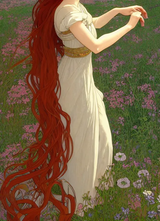 Prompt: young woman resembling alicia vikander with long red hair, wearing a dress, building a castle on the wooden floor in an old wooden house, path traced, highly detailed, high quality, digital painting, by studio ghibli and alphonse mucha, leesha hannigan, hidari, art nouveau, chiho aoshima, jules bastien - lepage