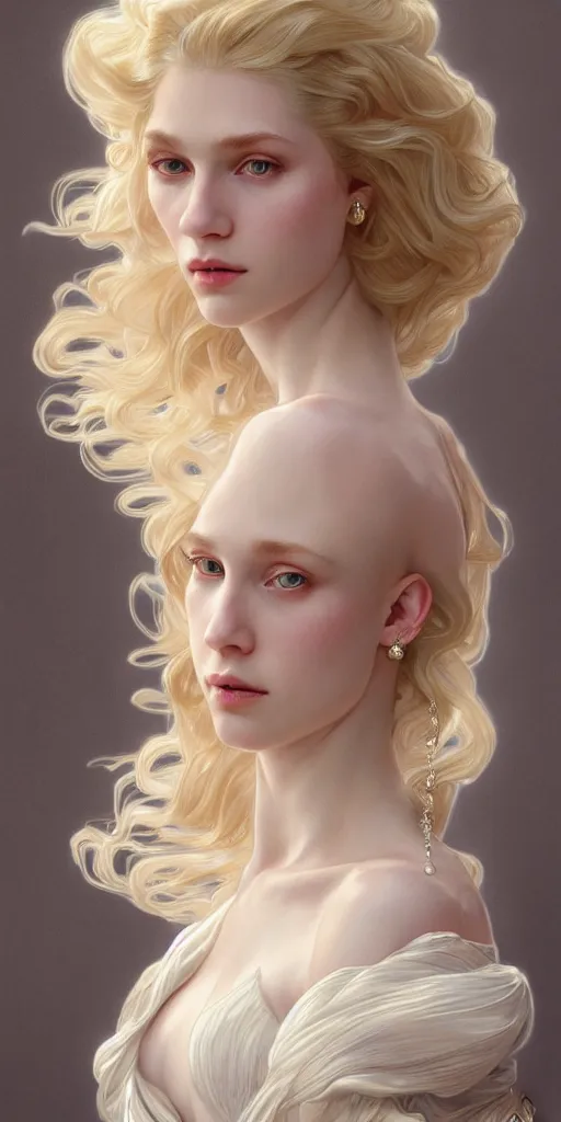 Image similar to a realistic liquid pale blond prince with a decorated dress made of white pearls , highly detailed, digital painting, very very very pale skin, long curly blond hair, Trending on artstation , HD quality, by artgerm and greg rutkowski and alphonse mucha, dramatic light, octane