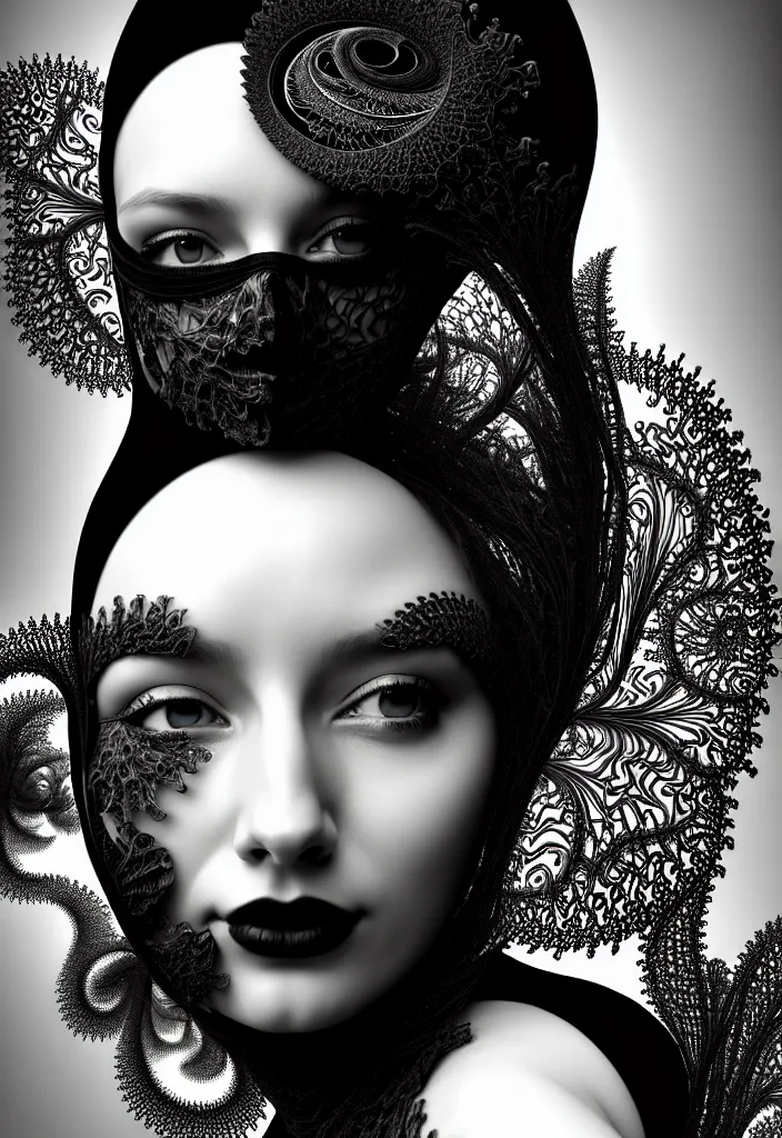 Prompt: portrait of a young beautiful woman with a partially face covering mask. fractal, mandelbulb technique. black and white, black on black. intricate, elegant, super highly detailed, professional digital painting, smooth, extreme illustration, 8k, 3D, beautiful, cinematic. art deco, art nouveau.