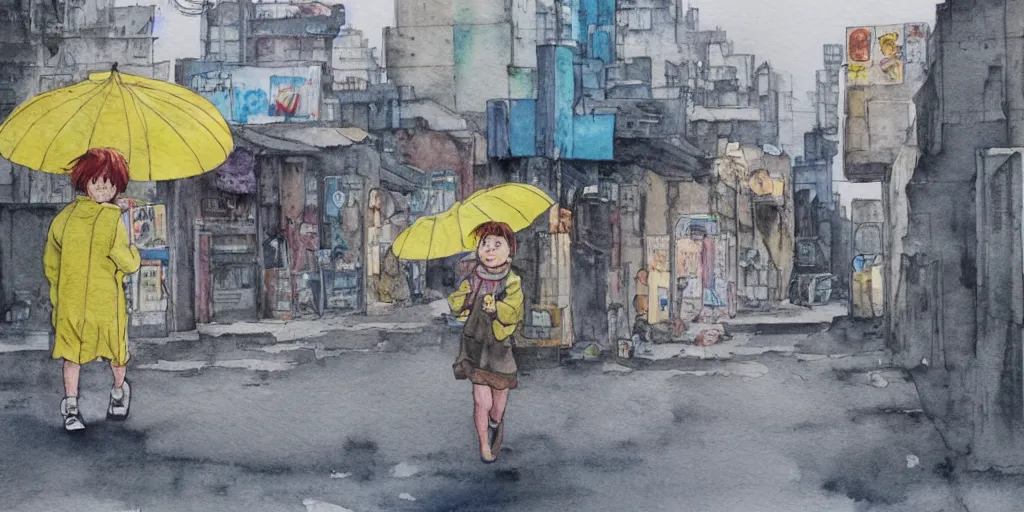 Image similar to deserted dusty junk town, a girl with a parka and a yellow parasol is running, broken vending machines, scene from the movie Ghost in the shell, watercolor watercolor