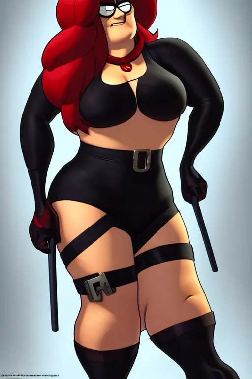 Prompt: Peter Griffin as Black Widow, Black Widow costume, Peter Griffin hairstyle, Peter griffin body type, Peter Griffin Face, calm, grumpy, portrait, masculine figure, highly detailed, digital painting, artstation, concept art, smooth, sharp focus, illustration, cinematic lighting, art by artgerm and greg rutkowski and alphonse mucha