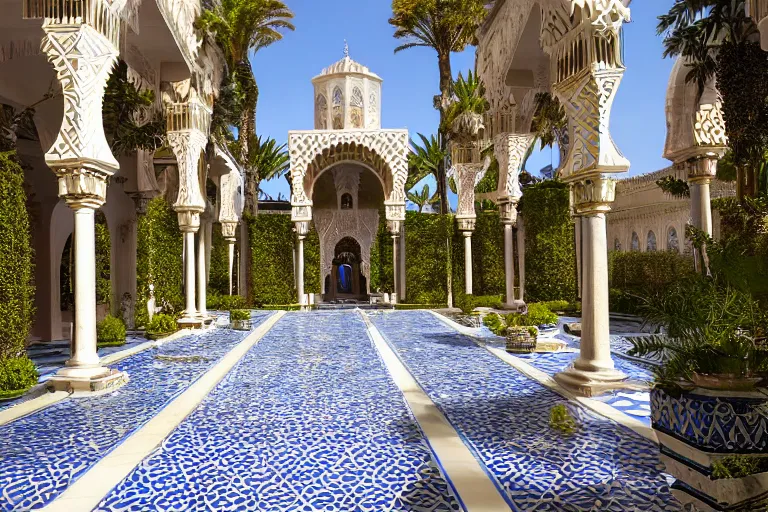 Image similar to beautiful moorish palace courtyard garden, by ludwig deutsch, patterned blue tilework, palm trees, tiled fountains, extremely detailed, dramatic lighting, smooth sharp focus