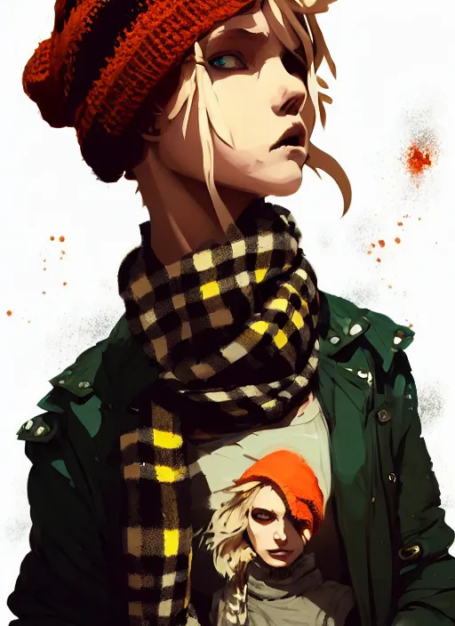 Image similar to highly detailed portrait of a sewer punk lady student, beanie, tartan scarf, wavy blonde hair by atey ghailan, by greg rutkowski, by greg tocchini, by james gilleard, by joe fenton, by kaethe butcher, gradient, orange, black, brown and cream color scheme, grunge aesthetic!!! white graffiti tag wall background