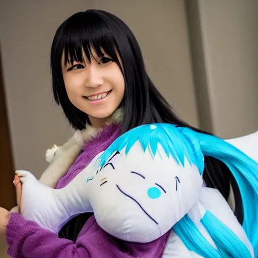 Prompt: Hatsune Miku as a real person holding a body pillow depicting herself, she is curious how is this possible