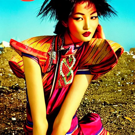 Image similar to a beautiful professional photograph by hamir sardar, herb ritts and ellen von unwerh for the cover of vogue magazine of a beautiful and unusually attractive tibetan female fashion model looking at the camera in a flirtatious way, zeiss 5 0 mm f 1. 8 lens