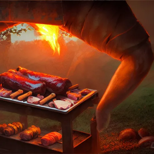 Image similar to asado argentino, highly detailed digital matte painting, smoked meat inside the barbacue, award painting, volumetric ligth, trending on artstation, 4 k,